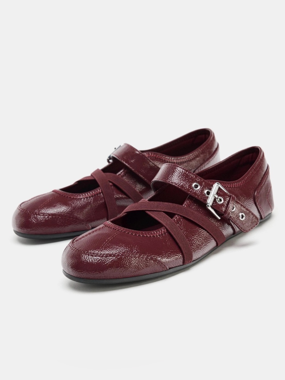 Zara Patient Leather Ballerina Flats with Buckles in a rich burgundy. S- 39 8.5